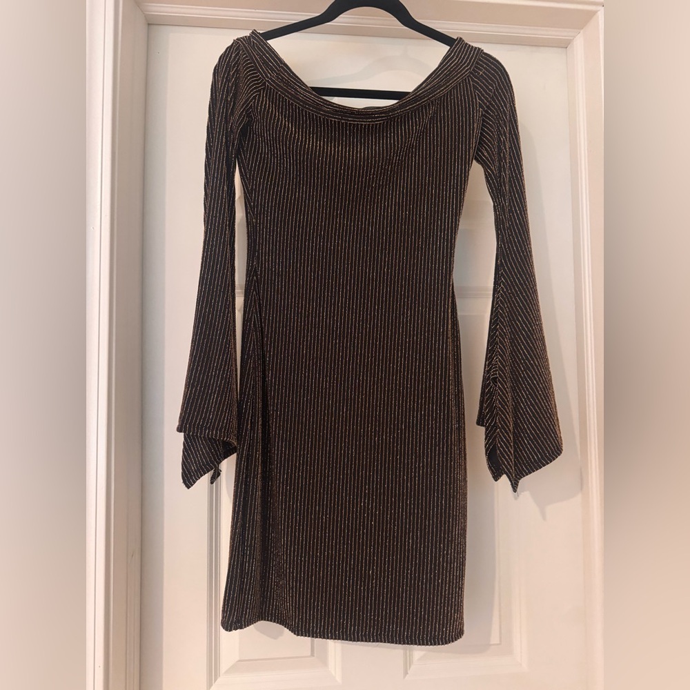 BCBG Off the shoulder Dress - Black and Gold Metallic